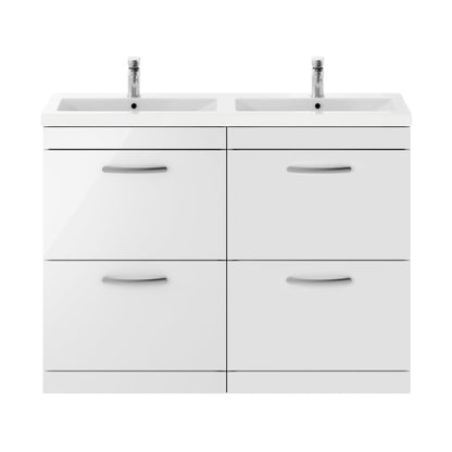 Nuie Athena 1200mm Floor Standing Cabinet With Double Ceramic Basin Contemporary Gloss White MFC Painted Gloss 905x1208x390mm - ATH034F - JJ Building Materials
