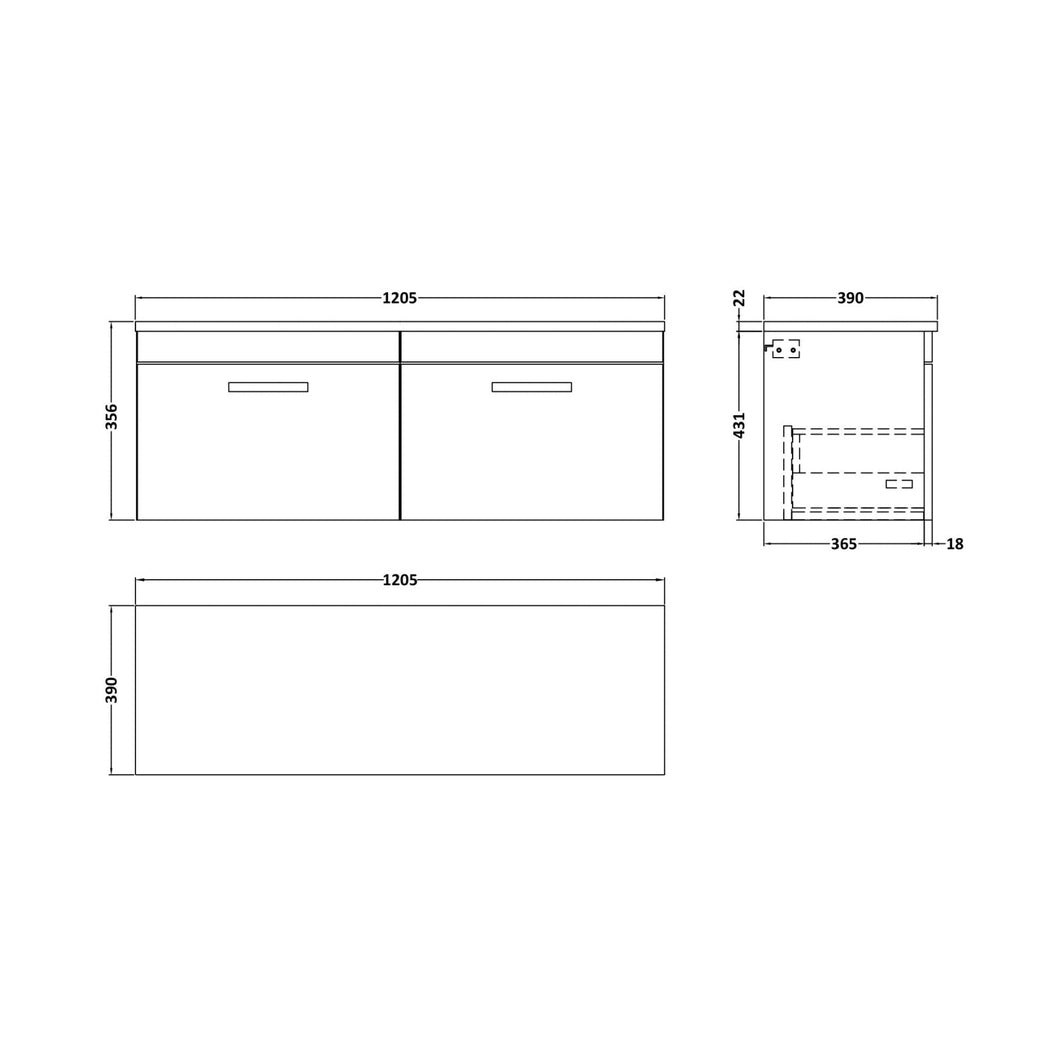 Nuie Athena 1200mm Wall Hung 2-drawer Unit & Laminate Worktop Contemporary Anthracite Woodgrain MFC Textured Woodgrain 452x1205x390mm - ATH039LBG2 - JJ Building Materials