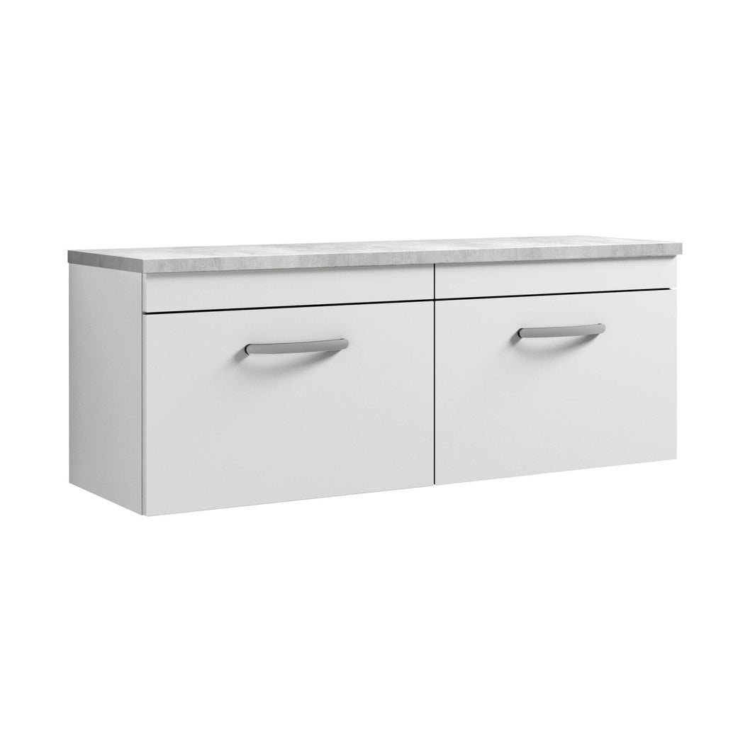 Nuie Athena 1200mm Wall Hung 2-drawer Unit & Laminate Worktop Contemporary Gloss White MFC Painted Gloss 452x1205x390mm - ATH041LBG2 - JJ Building Materials