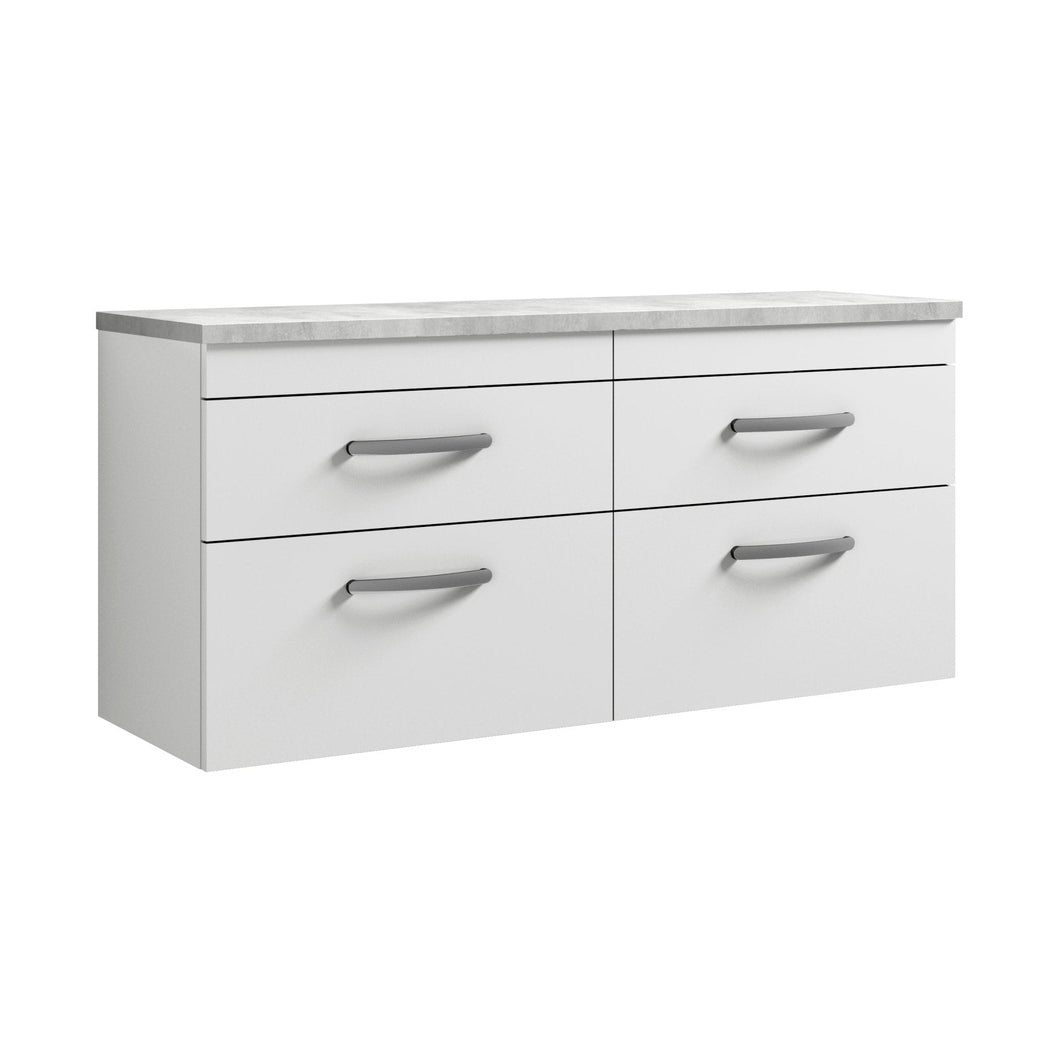 Nuie Athena 1200mm Wall Hung 4-drawer Unit & Laminate Worktop Contemporary Gloss White MFC Painted Gloss 560x1205x390mm - ATH048LBG2 - JJ Building Materials