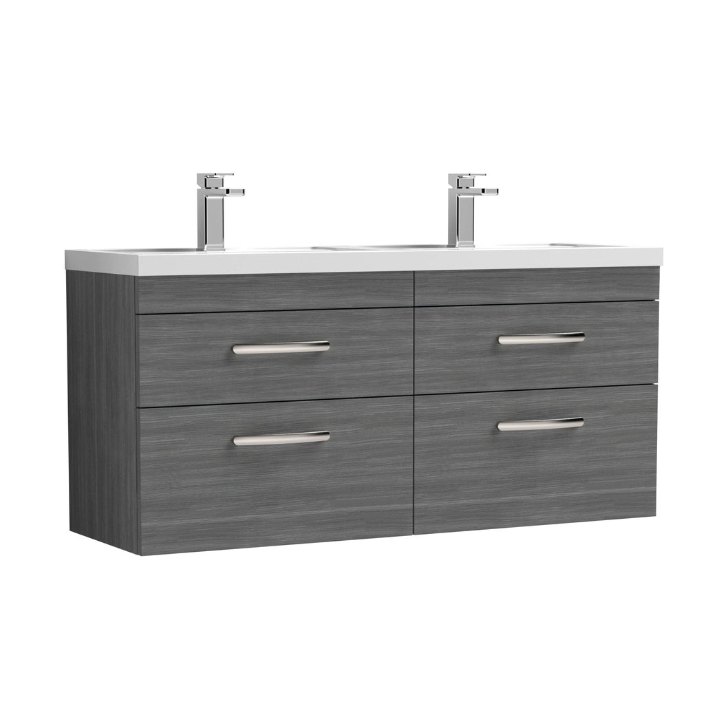 Nuie Athena 1200mm Wall Hung Cabinet With Double Basin Contemporary Anthracite Woodgrain MFC Textured Woodgrain 578x1205x390mm - JJ Building Materials