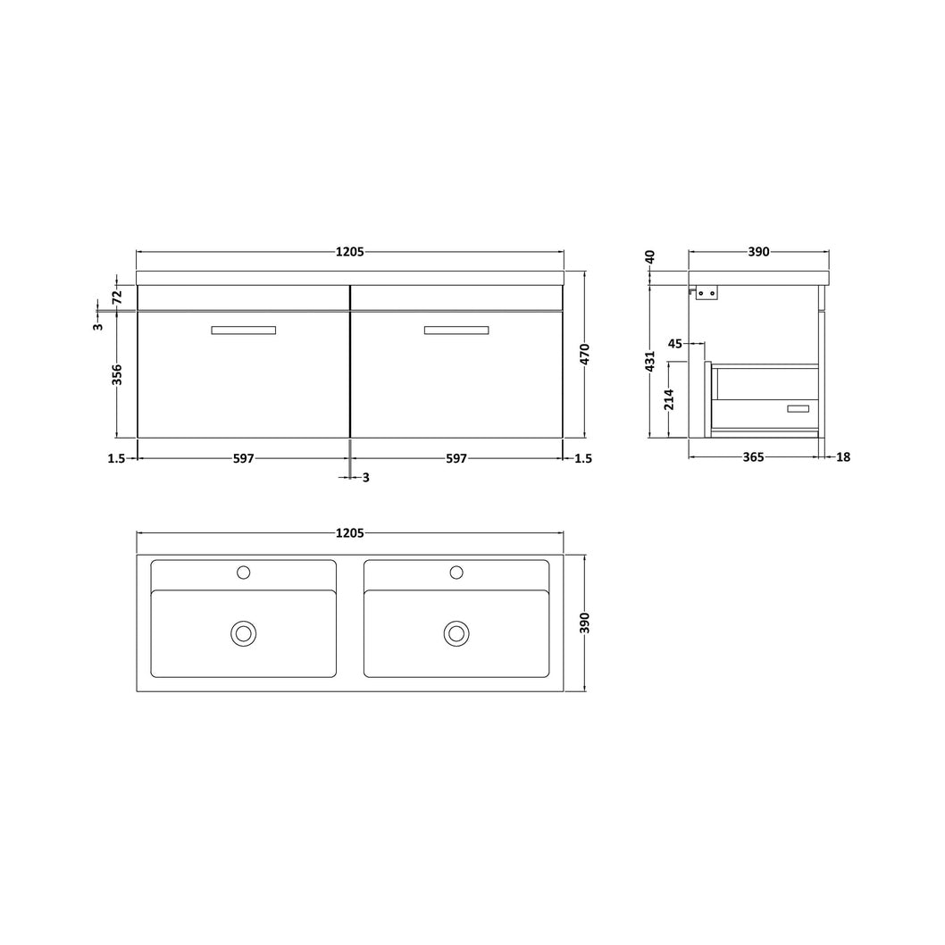 Nuie Athena 1200mm Wall Hung Cabinet With Double Basin Contemporary Charcoal Black MFC Textured Woodgrain 470x1205x390mm - JJ Building Materials