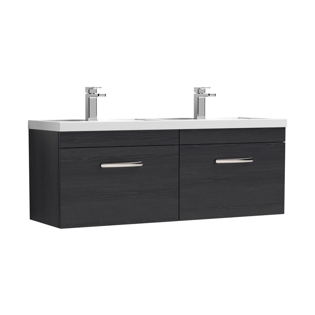 Nuie Athena 1200mm Wall Hung Cabinet With Double Basin Contemporary Charcoal Black MFC Textured Woodgrain 470x1205x390mm - JJ Building Materials