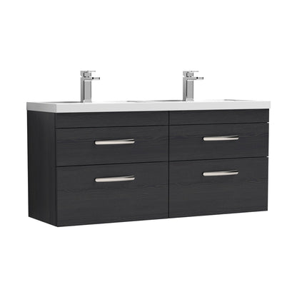 Nuie Athena 1200mm Wall Hung Cabinet With Double Basin Contemporary Charcoal Black MFC Textured Woodgrain 578x1205x390mm - JJ Building Materials