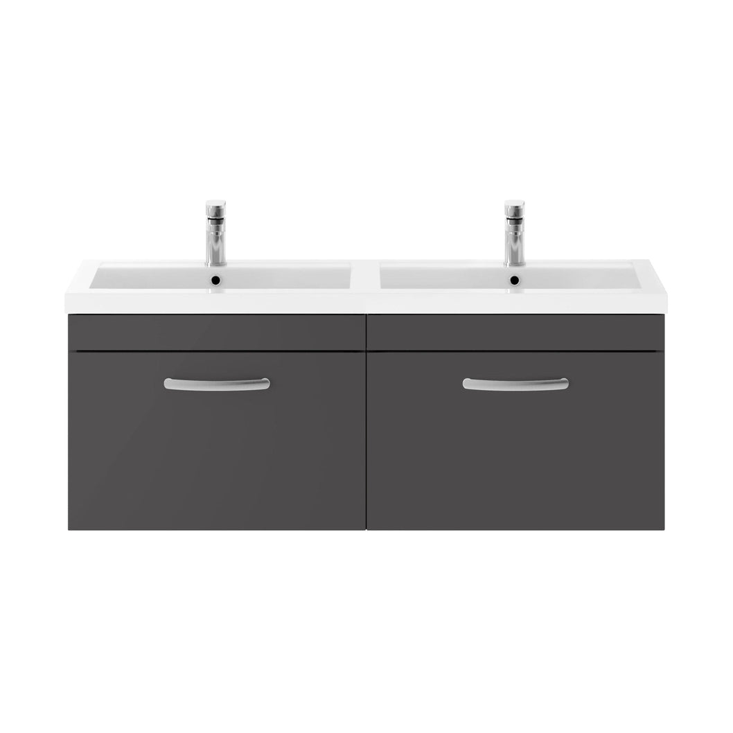Nuie Athena 1200mm Wall Hung Cabinet With Double Basin Contemporary Gloss Grey MFC Painted Gloss 470x1205x390mm - JJ Building Materials