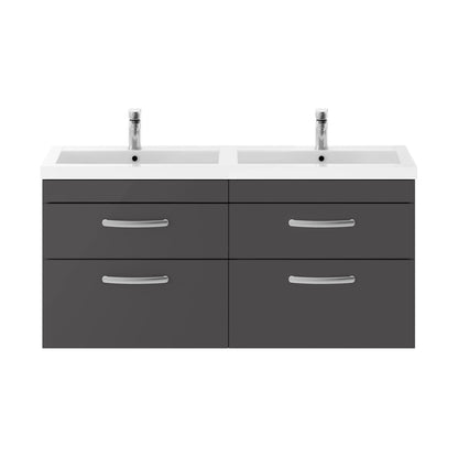 Nuie Athena 1200mm Wall Hung Cabinet With Double Basin Contemporary Gloss Grey MFC Painted Gloss 578x1205x390mm - JJ Building Materials