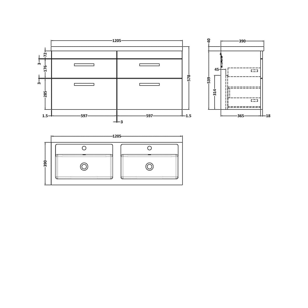 Nuie Athena 1200mm Wall Hung Cabinet With Double Basin Contemporary Gloss Grey MFC Painted Gloss 578x1205x390mm - JJ Building Materials