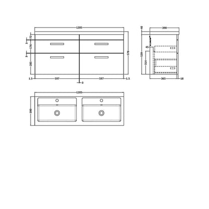 Nuie Athena 1200mm Wall Hung Cabinet With Double Basin Contemporary Gloss Grey MFC Painted Gloss 578x1205x390mm - JJ Building Materials