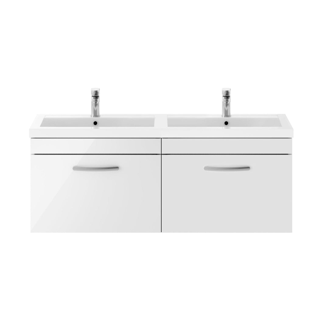 Nuie Athena 1200mm Wall Hung Cabinet With Double Basin Contemporary Gloss White MFC Painted Gloss 470x1205x390mm - JJ Building Materials