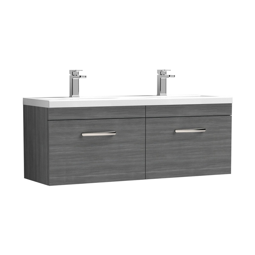 Nuie Athena 1200mm Wall Hung Cabinet With Double Ceramic Basin Contemporary Anthracite Woodgrain MFC Textured Woodgrain 470x1208x390mm - JJ Building Materials