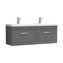 Nuie Athena 1200mm Wall Hung Cabinet With Double Ceramic Basin Contemporary Anthracite Woodgrain MFC Textured Woodgrain 470x1208x390mm - JJ Building Materials