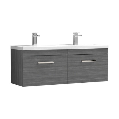 Nuie Athena 1200mm Wall Hung Cabinet With Double Ceramic Basin Contemporary Anthracite Woodgrain MFC Textured Woodgrain 470x1208x390mm - JJ Building Materials
