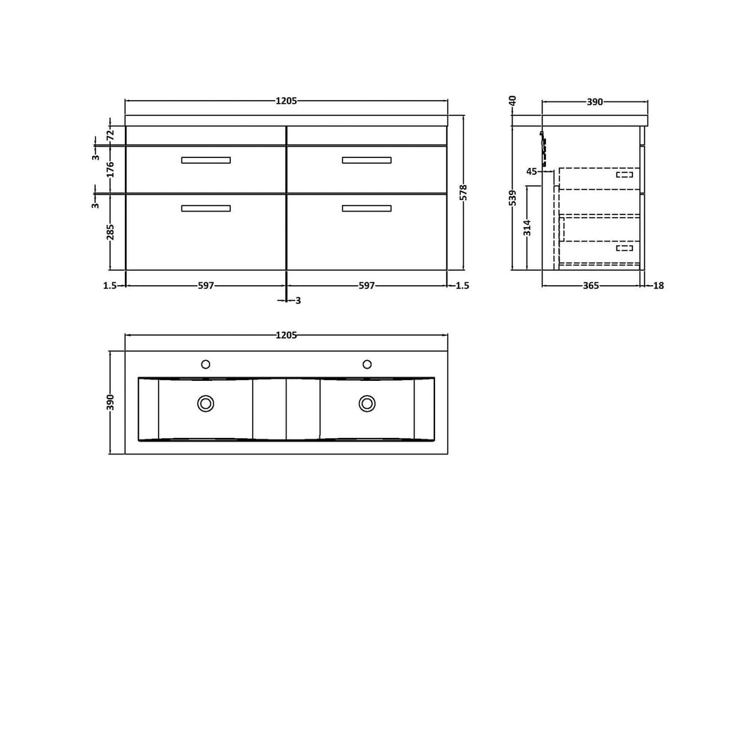 Nuie Athena 1200mm Wall Hung Cabinet With Double Ceramic Basin Contemporary Anthracite Woodgrain MFC Textured Woodgrain 578x1208x390mm - JJ Building Materials