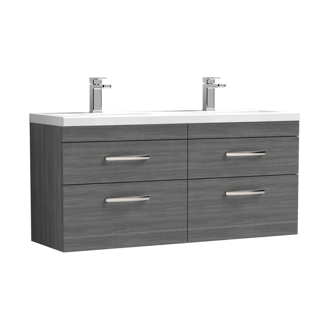 Nuie Athena 1200mm Wall Hung Cabinet With Double Ceramic Basin Contemporary Anthracite Woodgrain MFC Textured Woodgrain 578x1208x390mm - JJ Building Materials