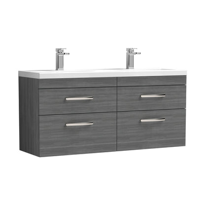 Nuie Athena 1200mm Wall Hung Cabinet With Double Ceramic Basin Contemporary Anthracite Woodgrain MFC Textured Woodgrain 578x1208x390mm - JJ Building Materials