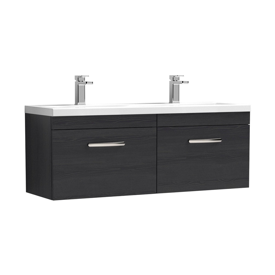 Nuie Athena 1200mm Wall Hung Cabinet With Double Ceramic Basin Contemporary Charcoal Black MFC Textured Woodgrain 470x1208x390mm - JJ Building Materials