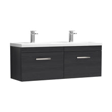 Nuie Athena 1200mm Wall Hung Cabinet With Double Ceramic Basin Contemporary Charcoal Black MFC Textured Woodgrain 470x1208x390mm - JJ Building Materials