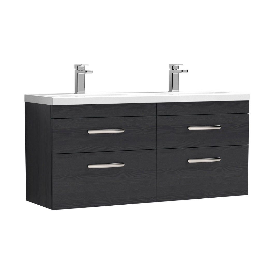 Nuie Athena 1200mm Wall Hung Cabinet With Double Ceramic Basin Contemporary Charcoal Black MFC Textured Woodgrain 578x1208x390mm - JJ Building Materials