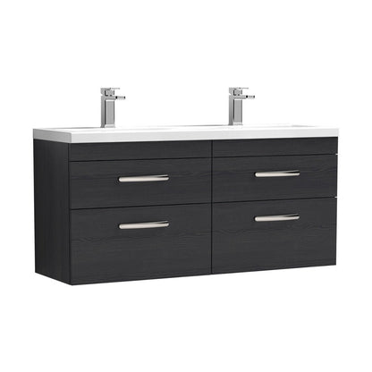Nuie Athena 1200mm Wall Hung Cabinet With Double Ceramic Basin Contemporary Charcoal Black MFC Textured Woodgrain 578x1208x390mm - JJ Building Materials