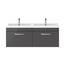 Nuie Athena 1200mm Wall Hung Cabinet With Double Ceramic Basin Contemporary Gloss Grey MFC Painted Gloss 470x1208x390mm - JJ Building Materials