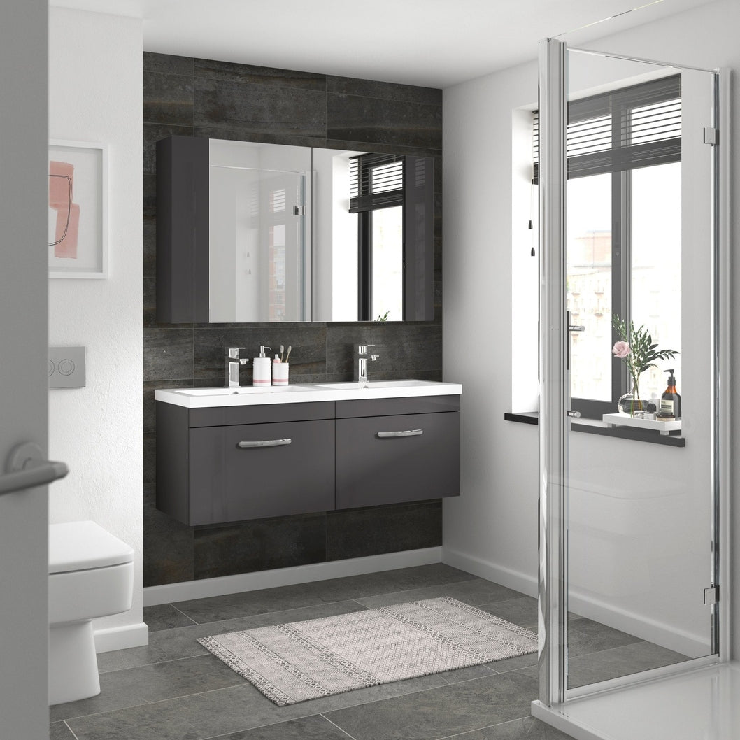 Nuie Athena 1200mm Wall Hung Cabinet With Double Ceramic Basin Contemporary Gloss Grey MFC Painted Gloss 470x1208x390mm - JJ Building Materials