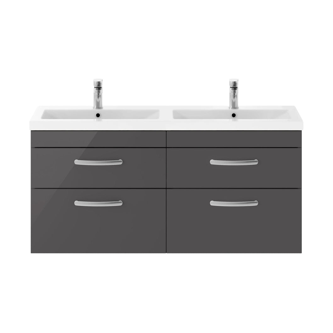 Nuie Athena 1200mm Wall Hung Cabinet With Double Ceramic Basin Contemporary Gloss Grey MFC Painted Gloss 578x1208x390mm - JJ Building Materials