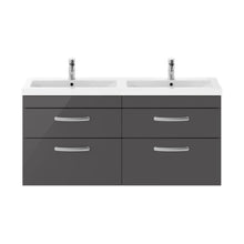 Nuie Athena 1200mm Wall Hung Cabinet With Double Ceramic Basin Contemporary Gloss Grey MFC Painted Gloss 578x1208x390mm - JJ Building Materials