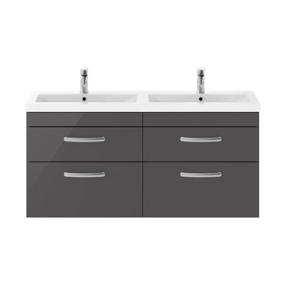 Nuie Athena 1200mm Wall Hung Cabinet With Double Ceramic Basin Contemporary Gloss Grey MFC Painted Gloss 578x1208x390mm - JJ Building Materials