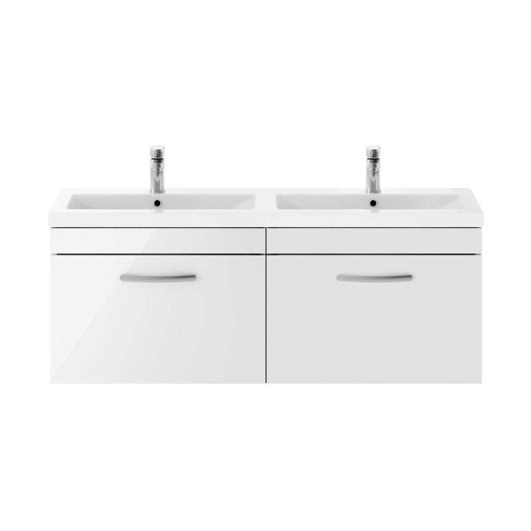 Nuie Athena 1200mm Wall Hung Cabinet With Double Ceramic Basin Contemporary Gloss White MFC Painted Gloss 470x1208x390mm - JJ Building Materials