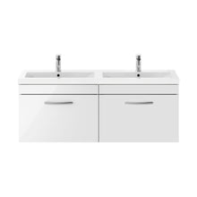 Nuie Athena 1200mm Wall Hung Cabinet With Double Ceramic Basin Contemporary Gloss White MFC Painted Gloss 470x1208x390mm - JJ Building Materials