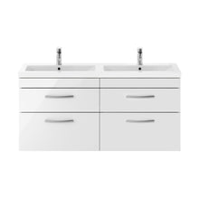 Nuie Athena 1200mm Wall Hung Cabinet With Double Ceramic Basin Contemporary Gloss White MFC Painted Gloss 578x1208x390mm - JJ Building Materials
