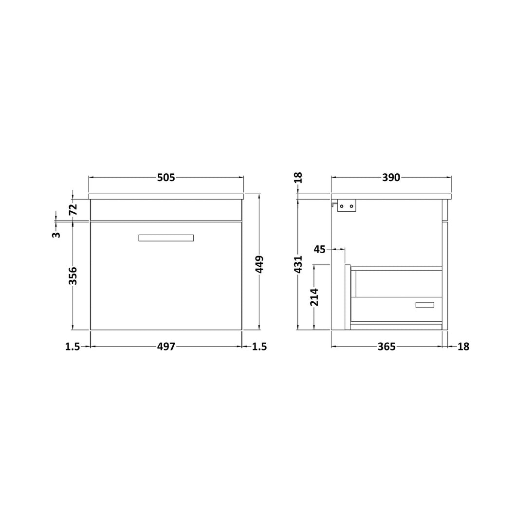 Nuie Athena 500mm Wall Hung Vanity With Worktop Contemporary Charcoal Black MFC Textured Woodgrain 448x505x390mm - JJ Building Materials