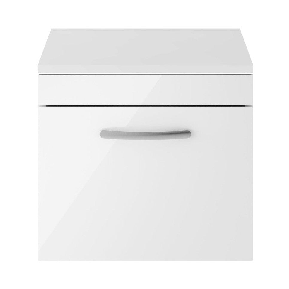 Nuie Athena 500mm Wall Hung Vanity With Worktop Contemporary Gloss White MFC Painted Gloss 448x505x390mm - JJ Building Materials