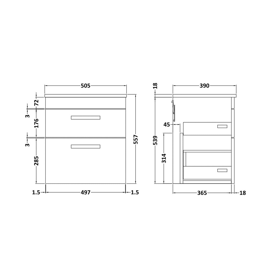 Nuie Athena 500mm Wall Hung Vanity With Worktop Contemporary Gloss White MFC Painted Gloss 556x505x390mm - JJ Building Materials