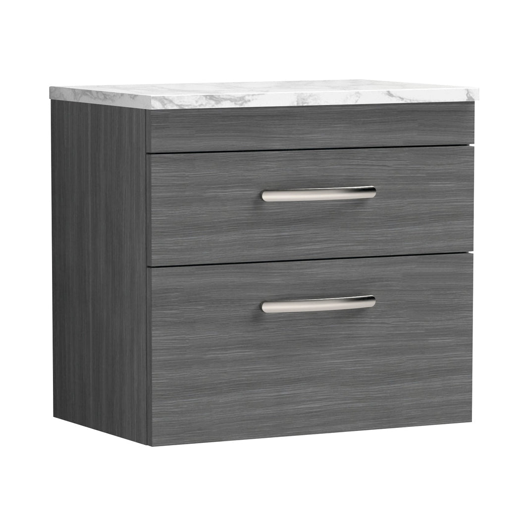 Nuie Athena 600 Wall Hung 2-drawer Unit & Laminate Worktop Contemporary Anthracite Woodgrain MFC Textured Woodgrain 560x605x390mm - JJ Building Materials