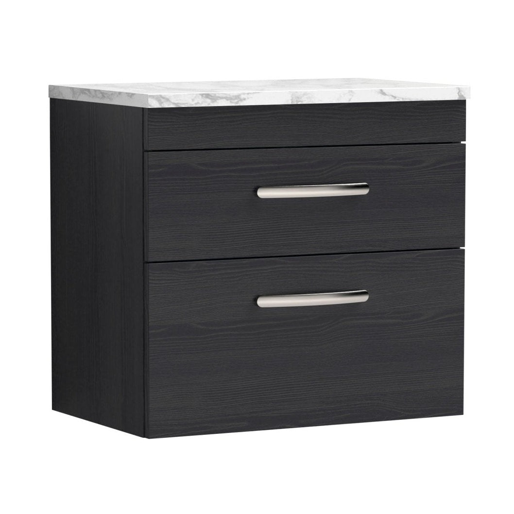 Nuie Athena 600 Wall Hung 2-drawer Unit & Laminate Worktop Contemporary Charcoal Black MFC Textured Woodgrain 560x605x390mm - JJ Building Materials