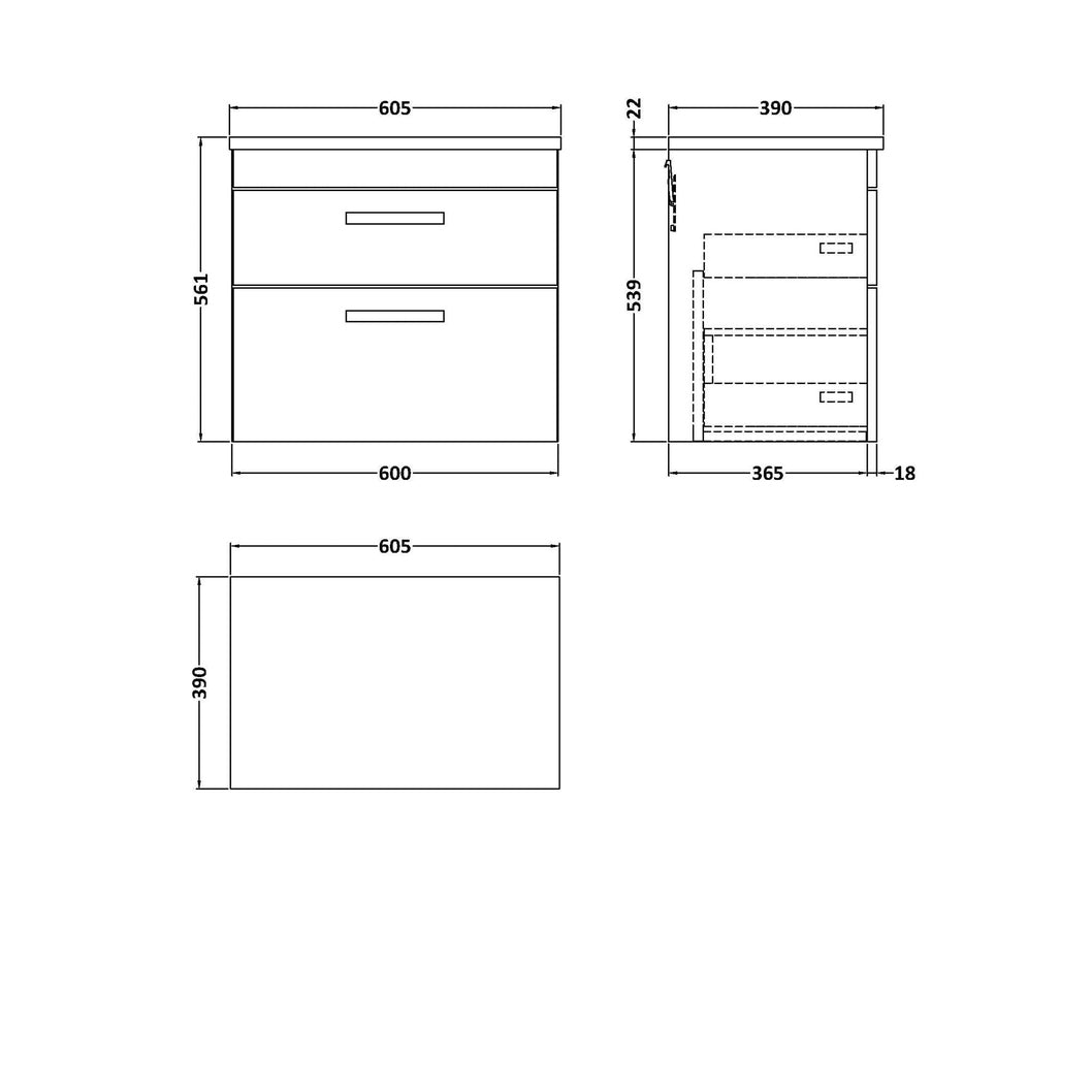 Nuie Athena 600 Wall Hung 2-drawer Unit & Laminate Worktop Contemporary Gloss Grey MFC Painted Gloss 560x605x390mm - JJ Building Materials