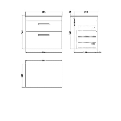 Nuie Athena 600 Wall Hung 2-drawer Unit & Laminate Worktop Contemporary Gloss Grey MFC Painted Gloss 560x605x390mm - JJ Building Materials