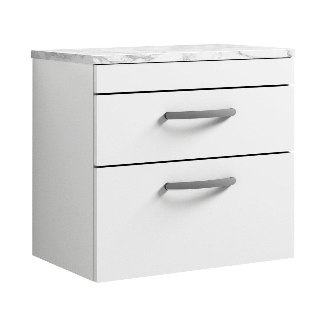 Nuie Athena 600 Wall Hung 2-drawer Unit & Laminate Worktop Contemporary Gloss White MFC Painted Gloss 560x605x390mm - JJ Building Materials