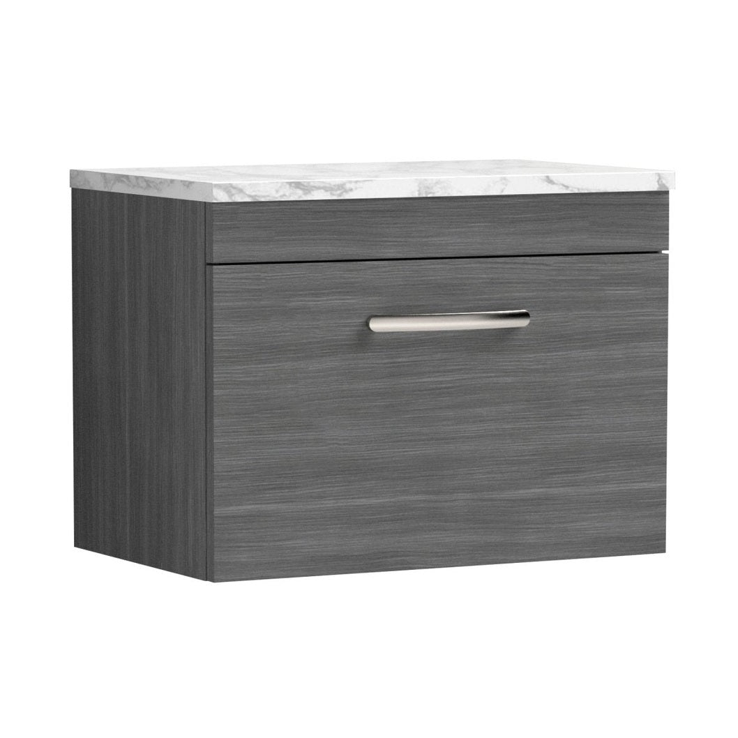 Nuie Athena 600 Wall Hung Single Drawer Unit & Laminate Worktop Contemporary Anthracite Woodgrain MFC Textured Woodgrain 452x605x390mm - JJ Building Materials