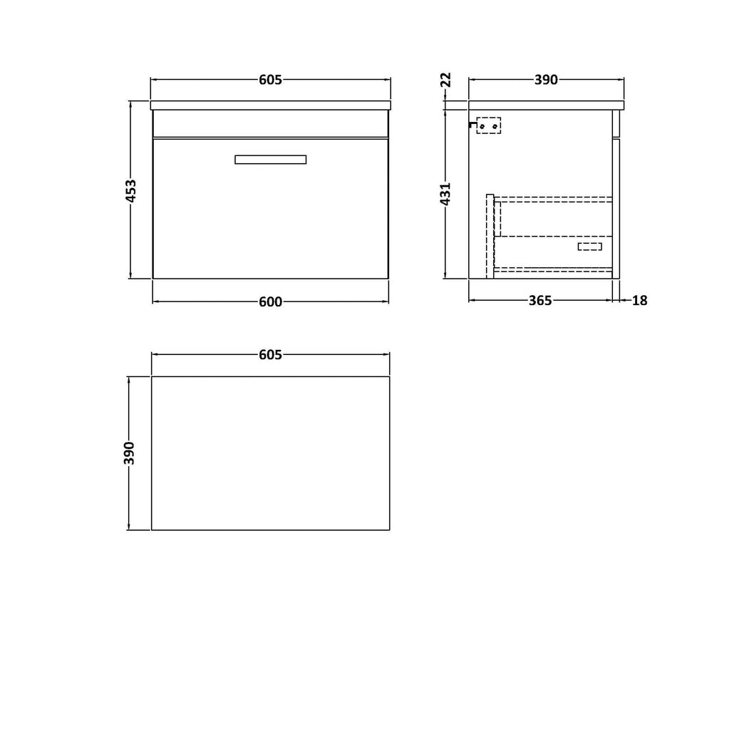 Nuie Athena 600 Wall Hung Single Drawer Unit & Laminate Worktop Contemporary Anthracite Woodgrain MFC Textured Woodgrain 452x605x390mm - JJ Building Materials