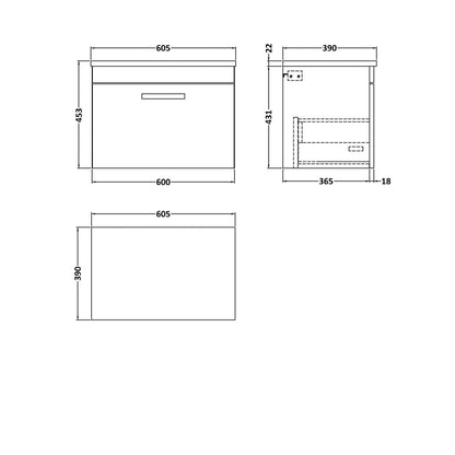 Nuie Athena 600 Wall Hung Single Drawer Unit & Laminate Worktop Contemporary Anthracite Woodgrain MFC Textured Woodgrain 452x605x390mm - JJ Building Materials