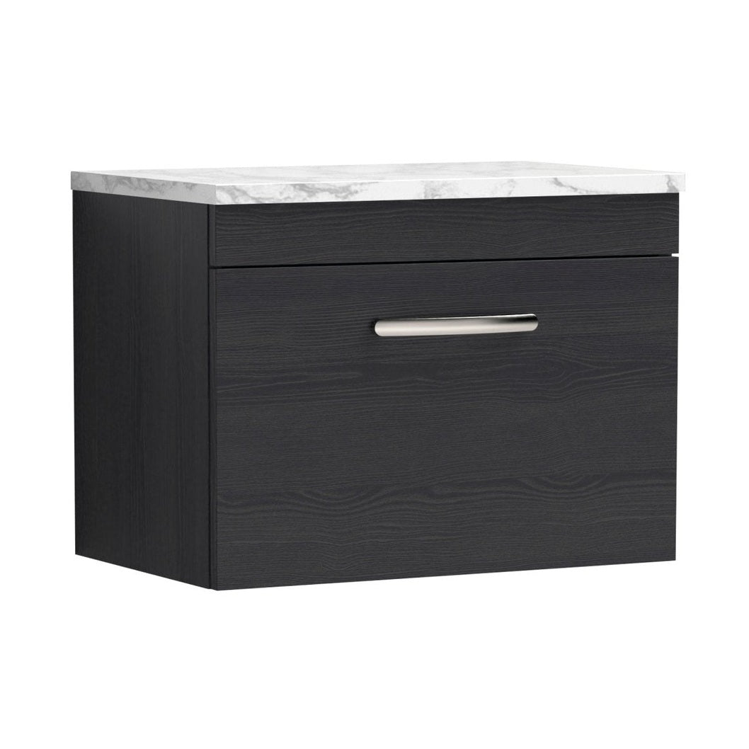 Nuie Athena 600 Wall Hung Single Drawer Unit & Laminate Worktop Contemporary Charcoal Black MFC Textured Woodgrain 452x605x390mm - JJ Building Materials
