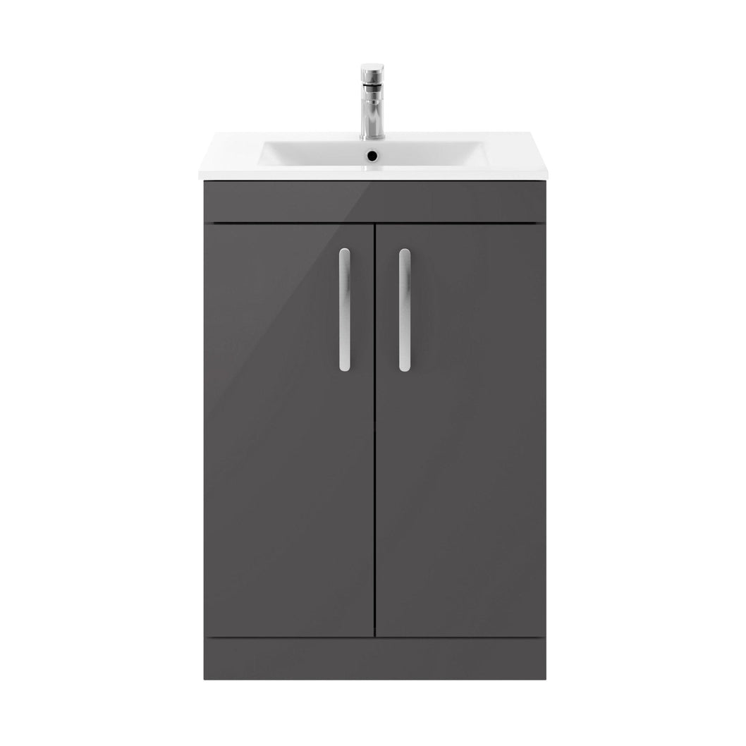 Nuie Athena 600mm Floor Standing Cabinet With Basin 2 Contemporary Gloss Grey MFC 883x605x395mm - ATH075B - JJ Building Materials