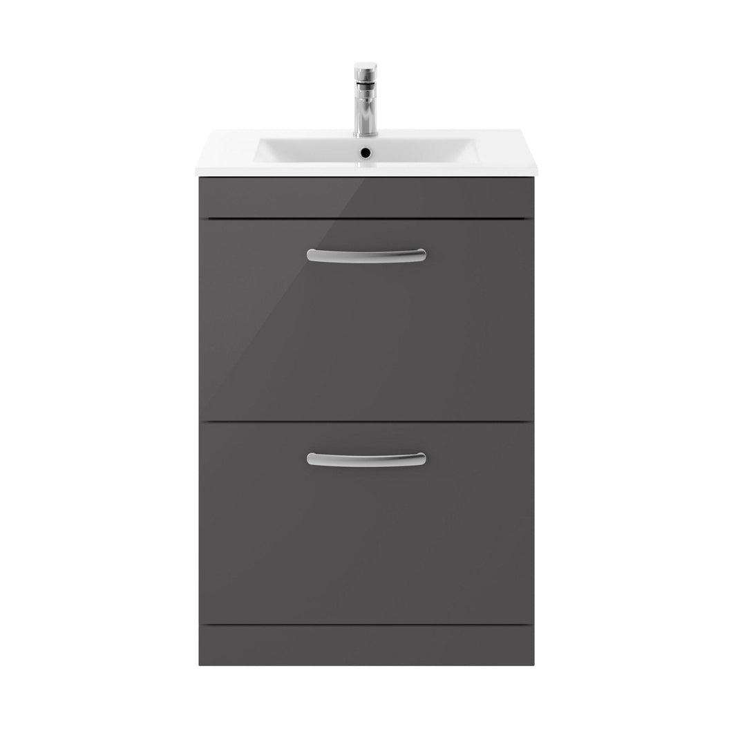 Nuie Athena 600mm Floor Standing Cabinet With Basin 2 Contemporary Gloss Grey MFC 883x605x395mm - ATH076B - JJ Building Materials