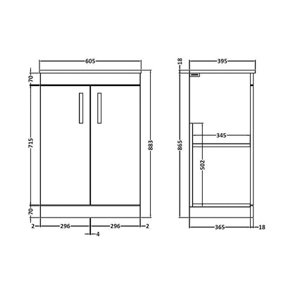 Nuie Athena 600mm Floor Standing Cabinet With Worktop Contemporary Gloss Grey MFC Painted Gloss 883x605x390mm - ATH075W - JJ Building Materials