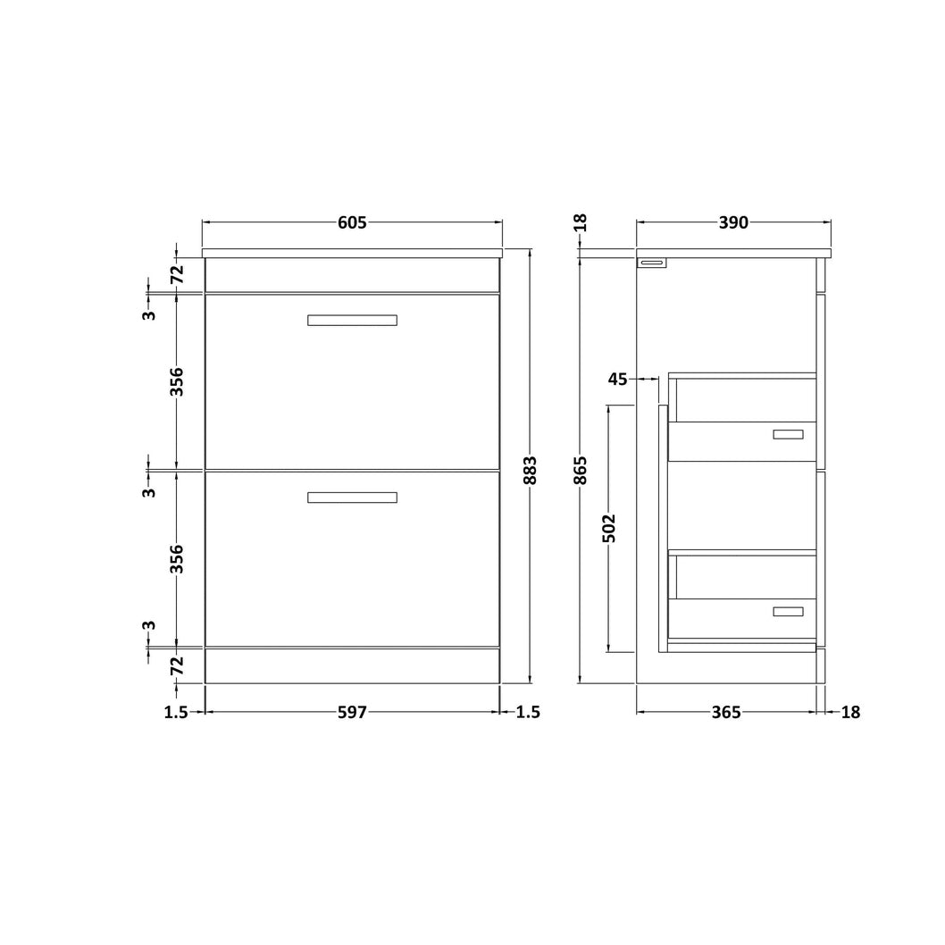Nuie Athena 600mm Floor Standing Cabinet With Worktop Contemporary Gloss Grey MFC Painted Gloss 883x605x390mm - ATH076W - JJ Building Materials