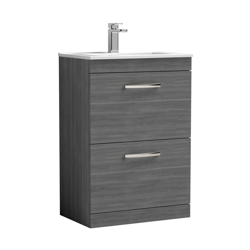 Nuie Athena 600mm Floor Standing Vanity With Basin 2 Contemporary Anthracite Woodgrain MFC 883x605x395mm - ATH032B - JJ Building Materials