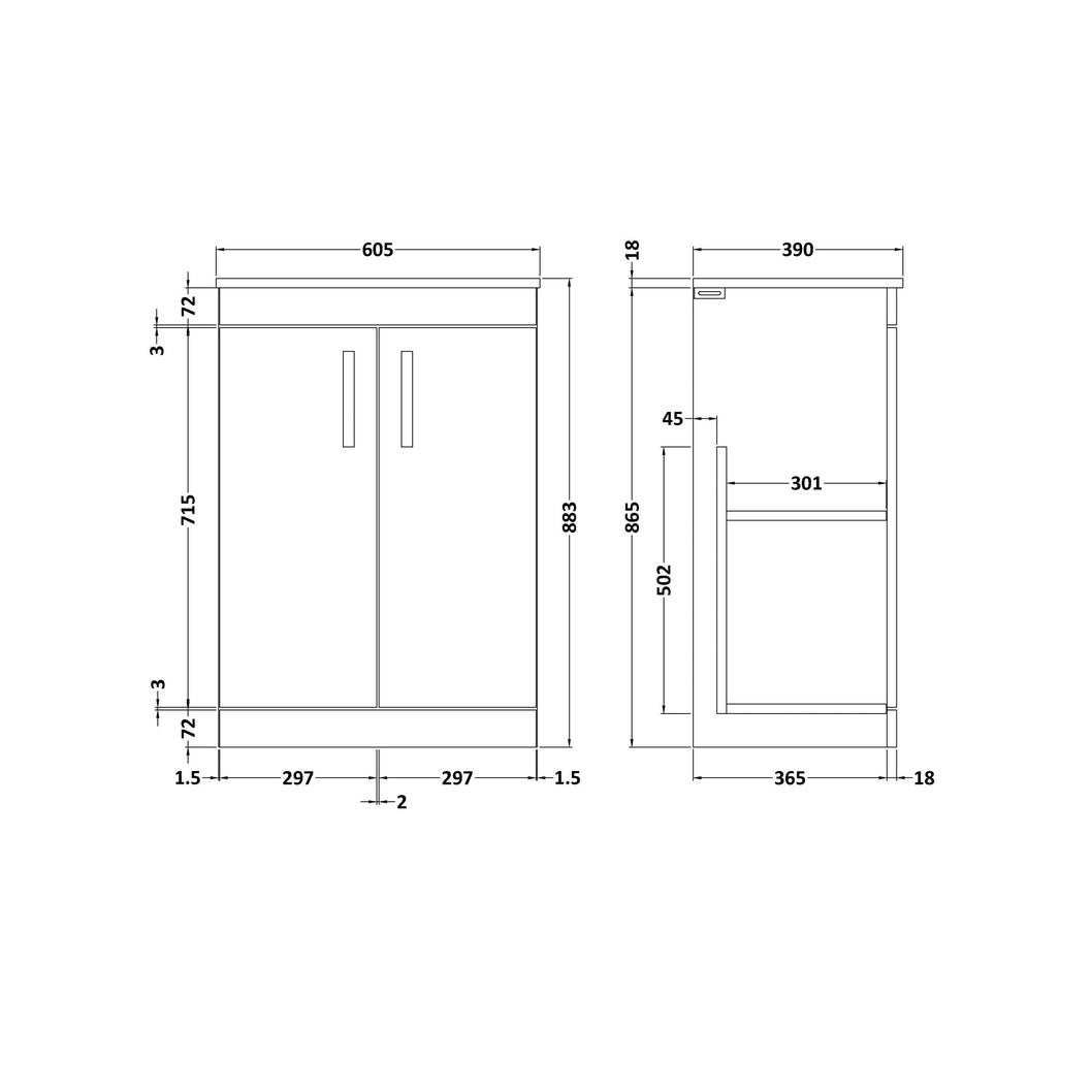 Nuie Athena 600mm Floor Standing Vanity With Worktop Contemporary Anthracite Woodgrain MFC Textured Woodgrain 883x605x390mm - ATH025W - JJ Building Materials