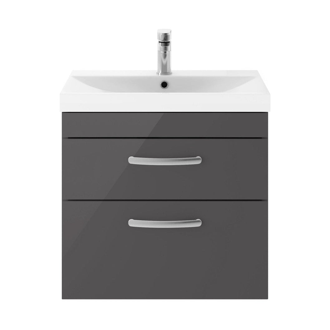 Nuie Athena 600mm Wall Hung Cabinet With Basin 3 Contemporary Gloss Grey MFC 589x610x390mm - JJ Building Materials